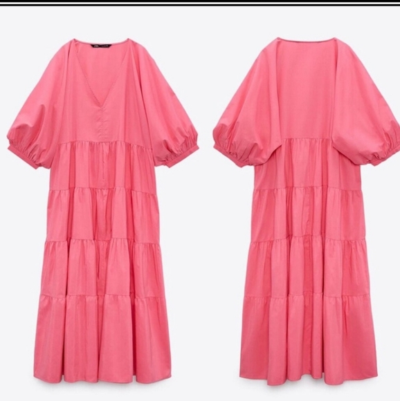 ZARA * Tiered Poplin Pink Dress Voluminous Flowy Maxi - Picture 3 of 13
